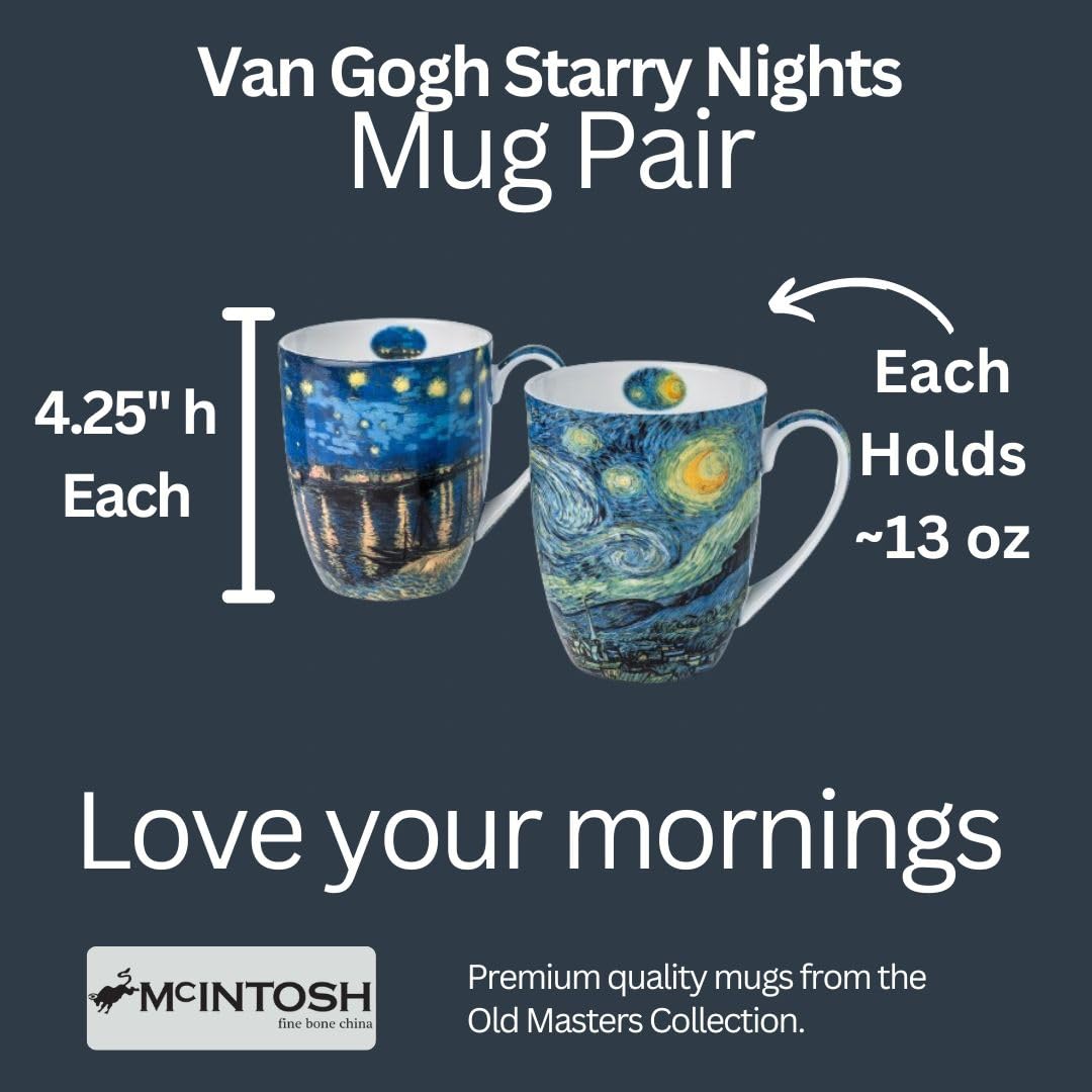Vincent Van Gogh Starry Nights Fine Bone China Set of 2 Mugs in Matching Gift Box