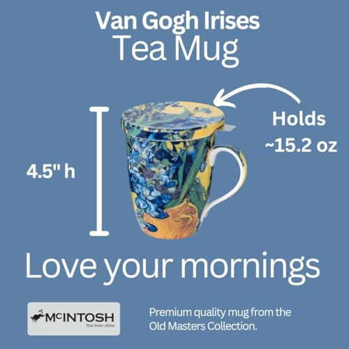 McIntosh Van Gogh Irises Fine Bone China (15 oz) Tea Mug with Lid and Infuser in Matching Gift Box