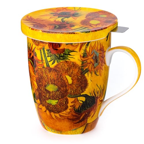 Van Gogh Sunflowers Fine Bone China Tea Mug with Lid and Infuser (15 oz) in Matching Gift Box