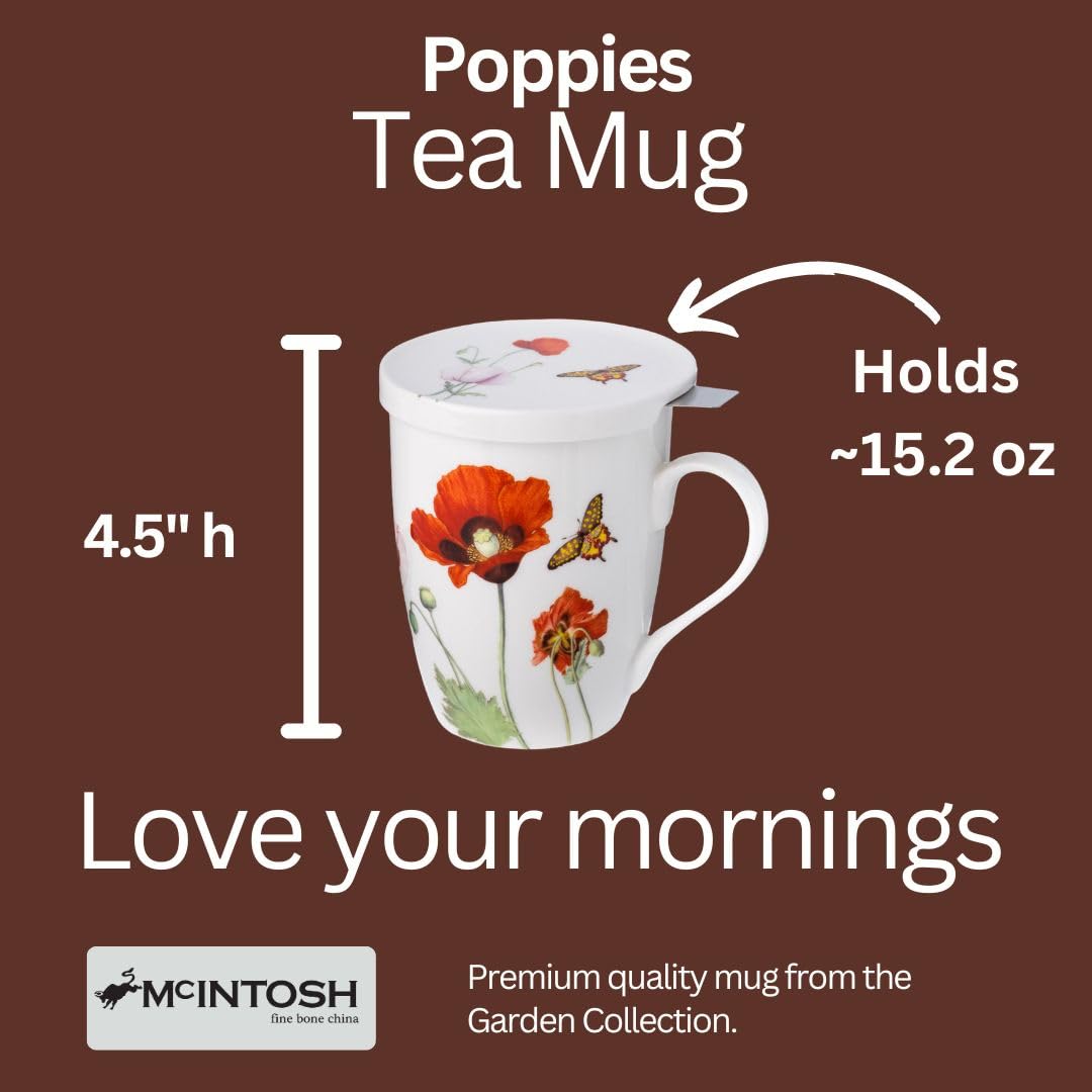 McIntosh Poppies Fine Bone China (15 oz) Tea Mug With Infuser and Lid in Matching Gift Box