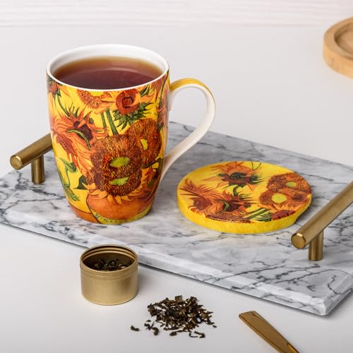 Van Gogh Sunflowers Fine Bone China Tea Mug with Lid and Infuser (15 oz) in Matching Gift Box