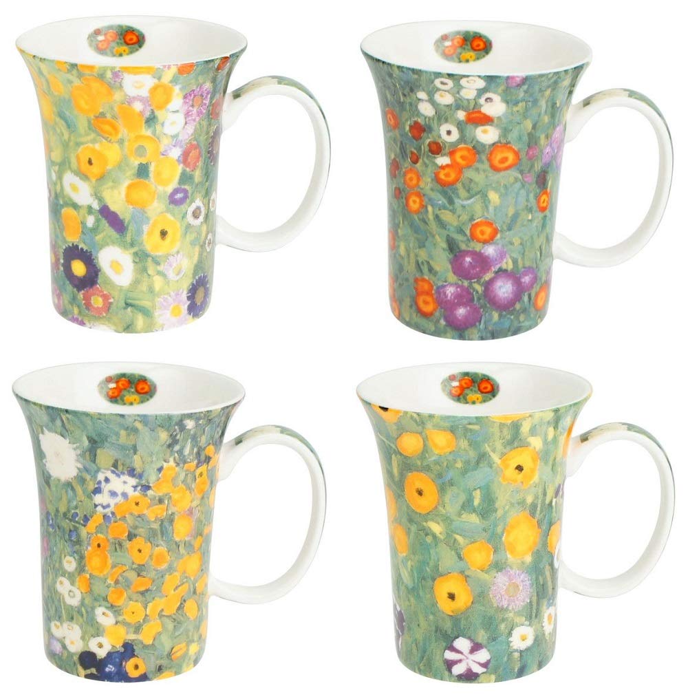 McIntosh Gustav Klimt Flower Garden Fine Bone China (11 oz) Set of 4 Mugs in Matching Gift Box