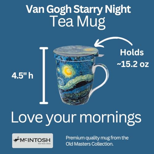 Vincent van Gogh Starry Night Fine China Tea Mug with Infuser and Lid in Matching Gift Box
