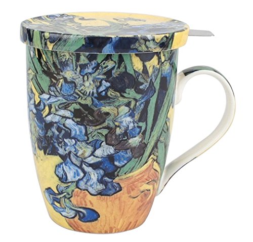 McIntosh Van Gogh Irises Fine Bone China (15 oz) Tea Mug with Lid and Infuser in Matching Gift Box