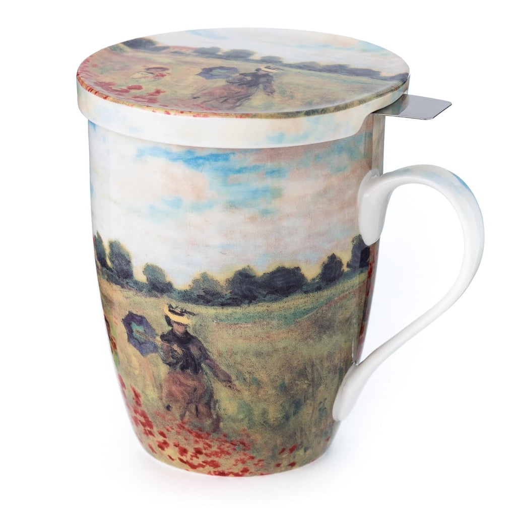 McIntosh Monet Poppies Fine Bone China (15 oz) Tea Mug with Infuser and Lid in Matching Gift Box