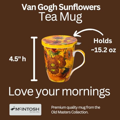 Van Gogh Sunflowers Fine Bone China Tea Mug with Lid and Infuser (15 oz) in Matching Gift Box