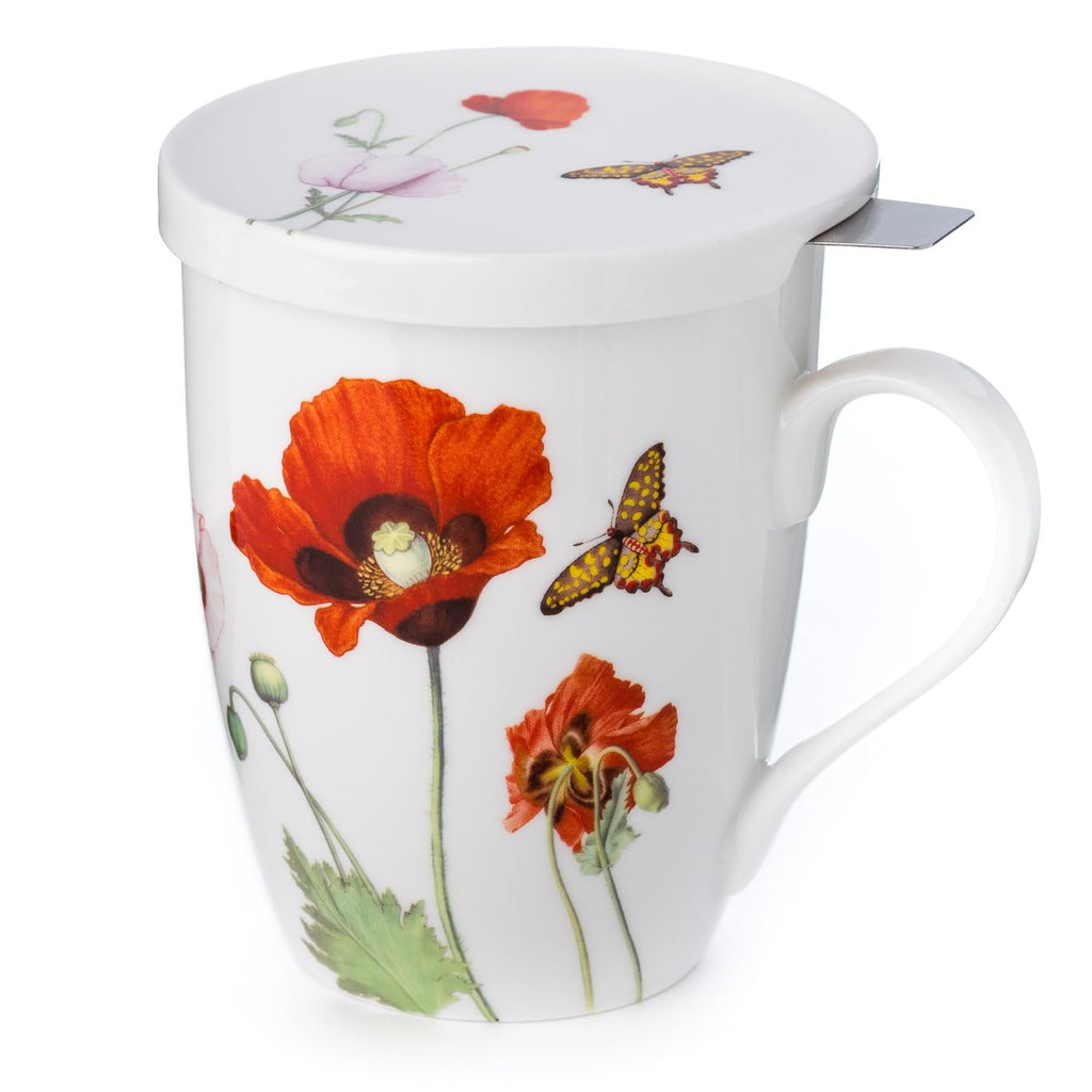 McIntosh Poppies Fine Bone China (15 oz) Tea Mug With Infuser and Lid in Matching Gift Box