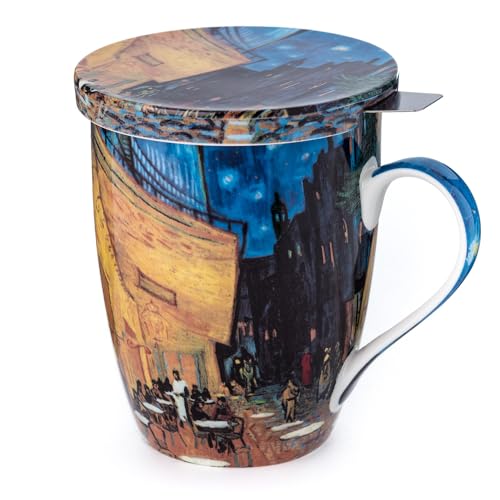 Vincent van Gogh Cafe Terrace at Night Fine Bone China (15 oz) Tea Mug with Infuser and Lid in Matching Gift Box