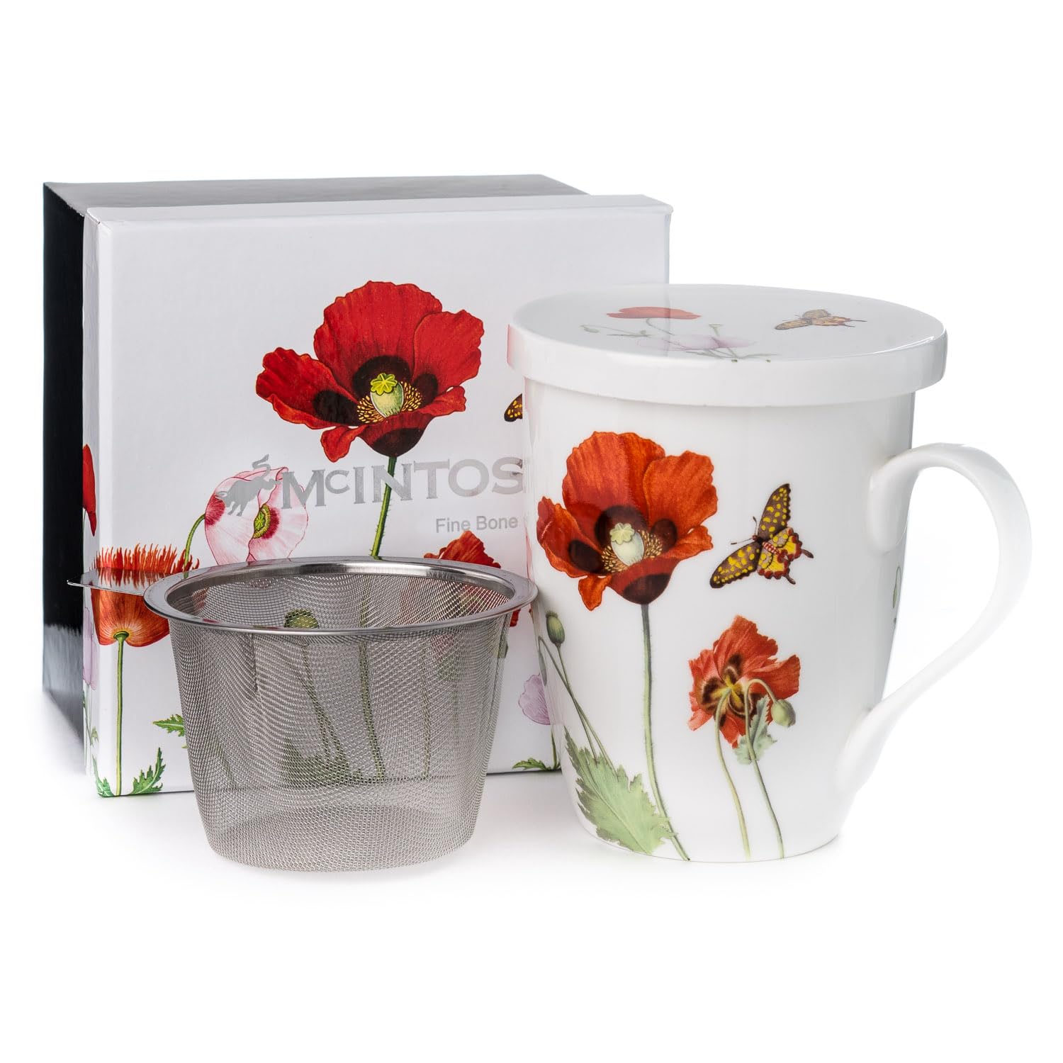 McIntosh Poppies Fine Bone China (15 oz) Tea Mug With Infuser and Lid in Matching Gift Box