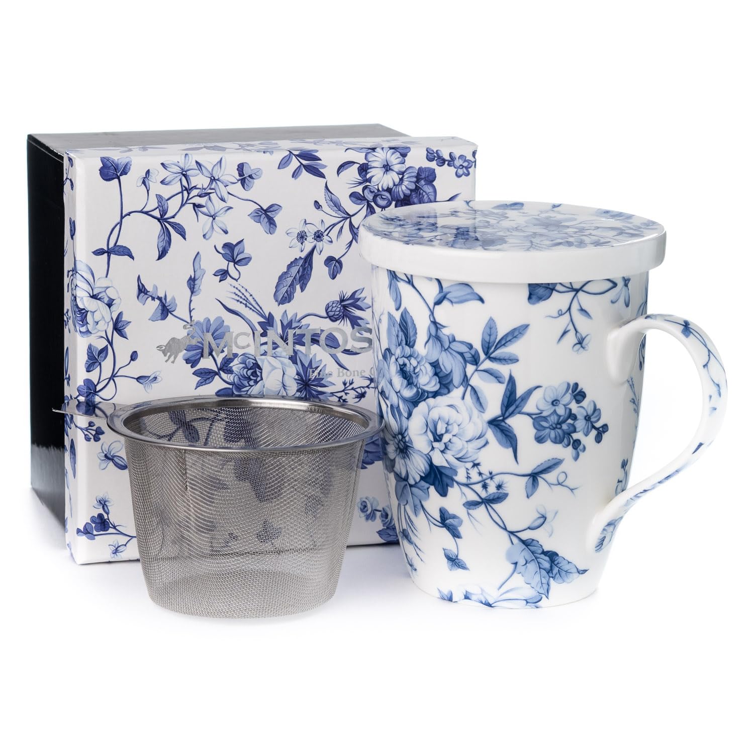 McIntosh Always In Bloom Fine Bone China (15 oz) Tea Mug with Infuser and Lid in Matching Gift Box