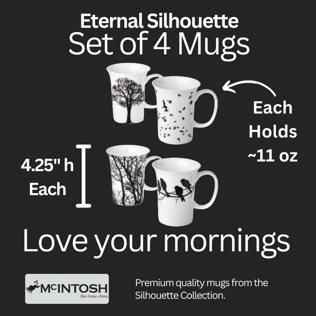 McIntosh Eternal Silhouette Fine Bone China (11 oz) Set of 4 Mugs in Matching Gift Box