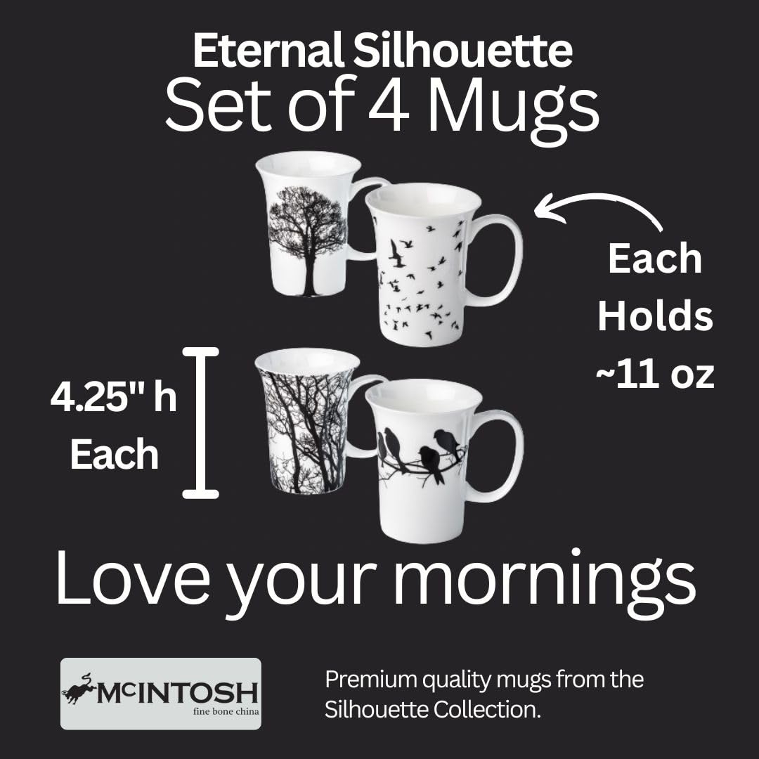 McIntosh Eternal Silhouette Fine Bone China (11 oz) Set of 4 Mugs in Matching Gift Box