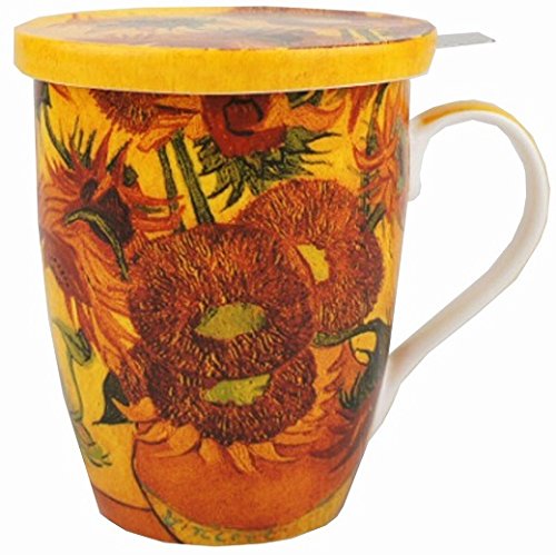 Van Gogh Sunflowers Fine Bone China Tea Mug with Lid and Infuser (15 oz) in Matching Gift Box