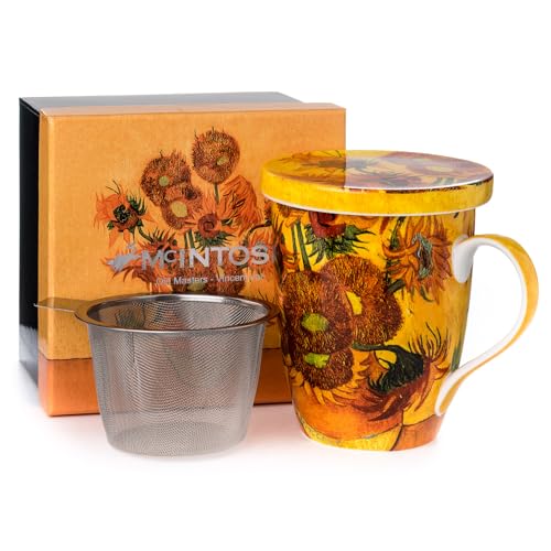 Van Gogh Sunflowers Fine Bone China Tea Mug with Lid and Infuser (15 oz) in Matching Gift Box