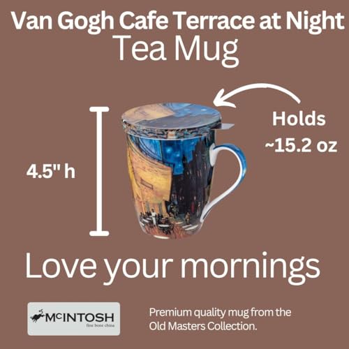 Vincent van Gogh Cafe Terrace at Night Fine Bone China (15 oz) Tea Mug with Infuser and Lid in Matching Gift Box
