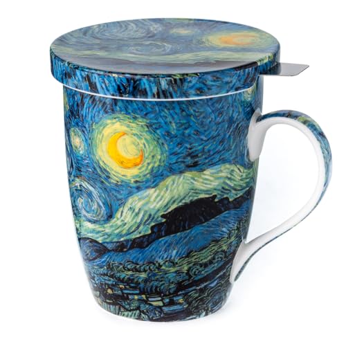 Vincent van Gogh Starry Night Fine China Tea Mug with Infuser and Lid in Matching Gift Box