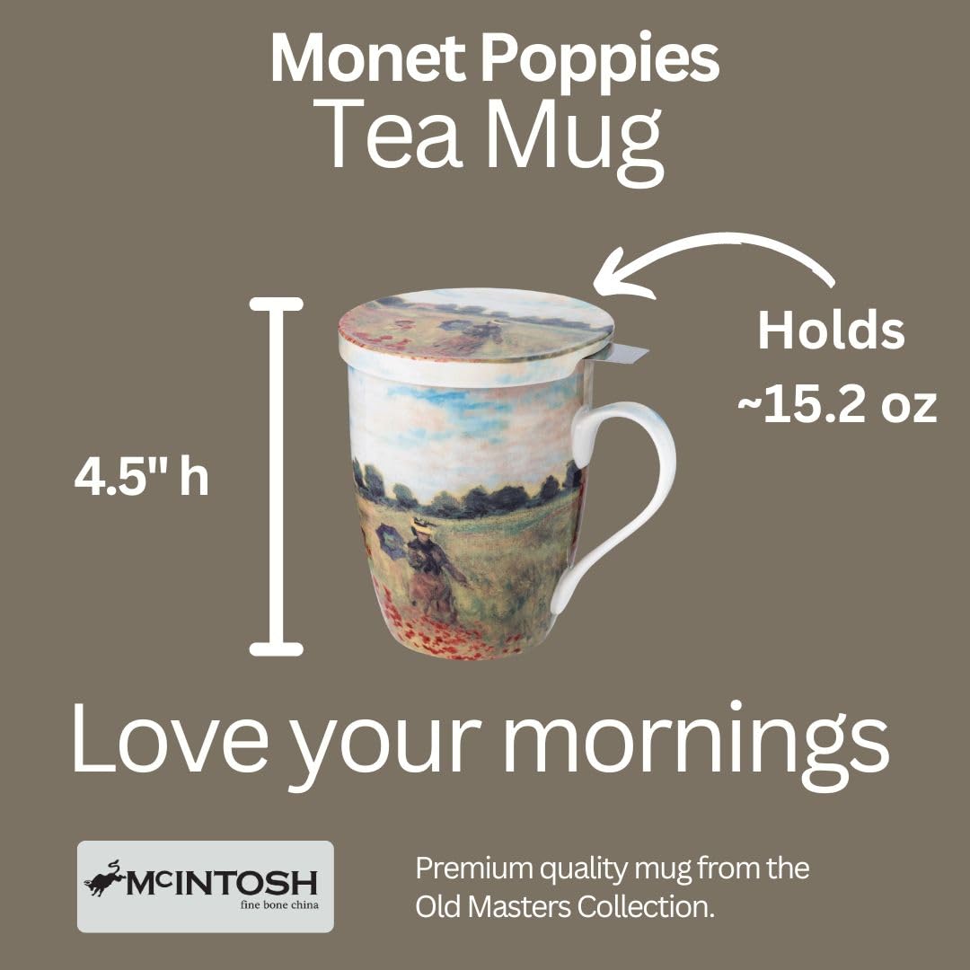 McIntosh Monet Poppies Fine Bone China (15 oz) Tea Mug with Infuser and Lid in Matching Gift Box