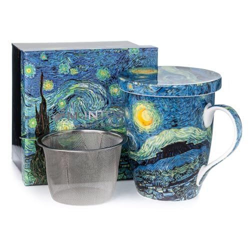 Vincent van Gogh Starry Night Fine China Tea Mug with Infuser and Lid in Matching Gift Box