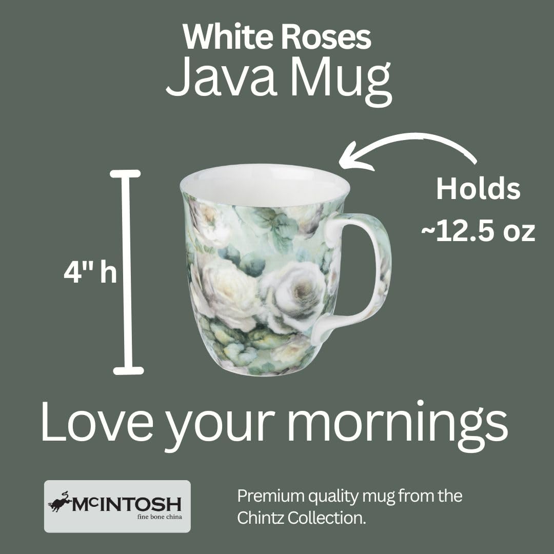 McIntosh Chintz White Roses Fine Bone China (12.5 oz) Java Mug in Matching Gift Box