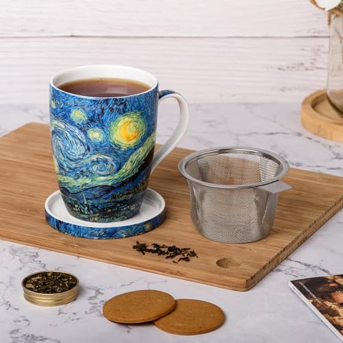 Vincent van Gogh Starry Night Fine China Tea Mug with Infuser and Lid in Matching Gift Box