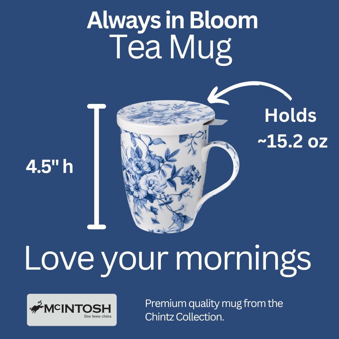 McIntosh Always In Bloom Fine Bone China (15 oz) Tea Mug with Infuser and Lid in Matching Gift Box