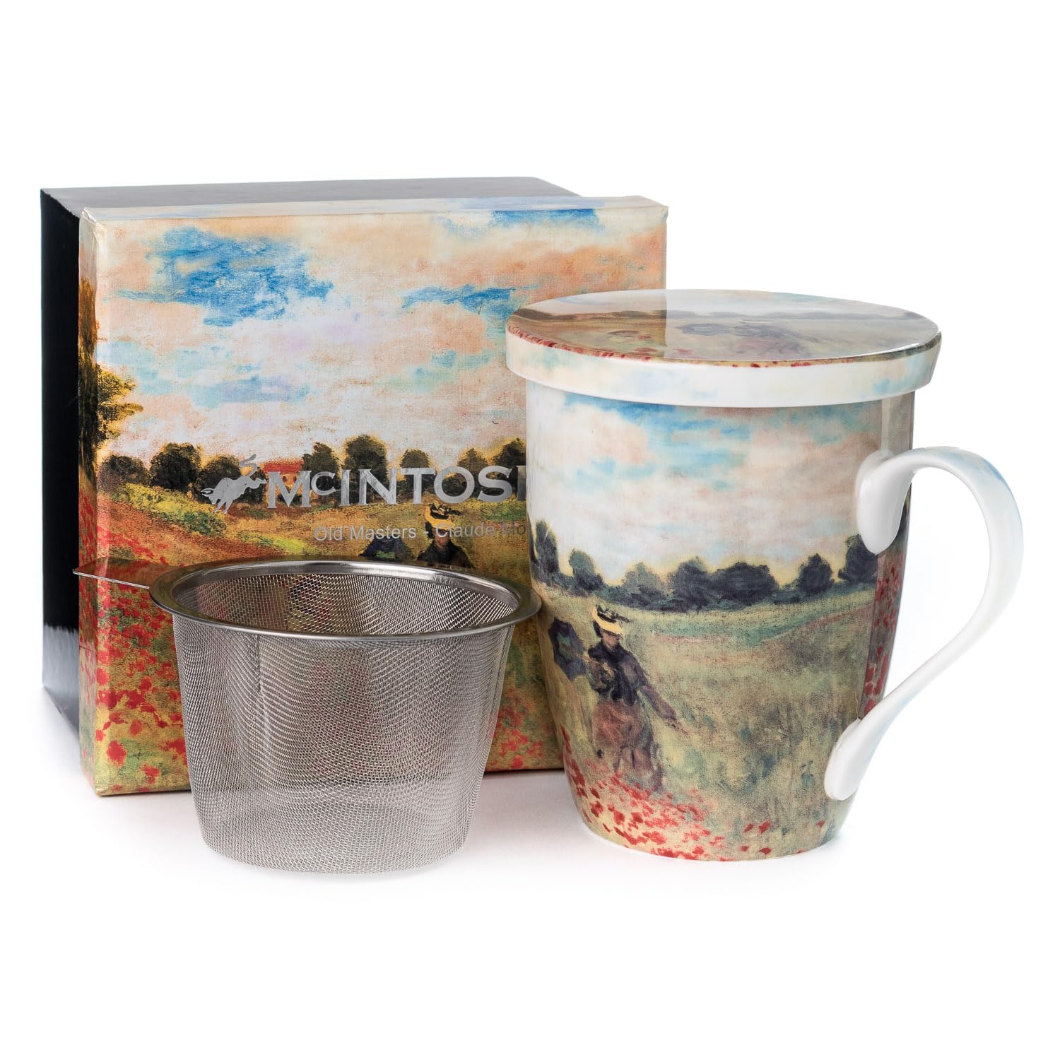 McIntosh Monet Poppies Fine Bone China (15 oz) Tea Mug with Infuser and Lid in Matching Gift Box