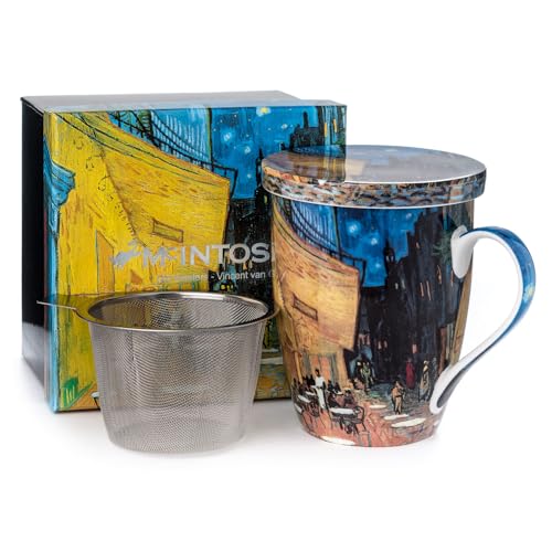 Vincent van Gogh Cafe Terrace at Night Fine Bone China (15 oz) Tea Mug with Infuser and Lid in Matching Gift Box