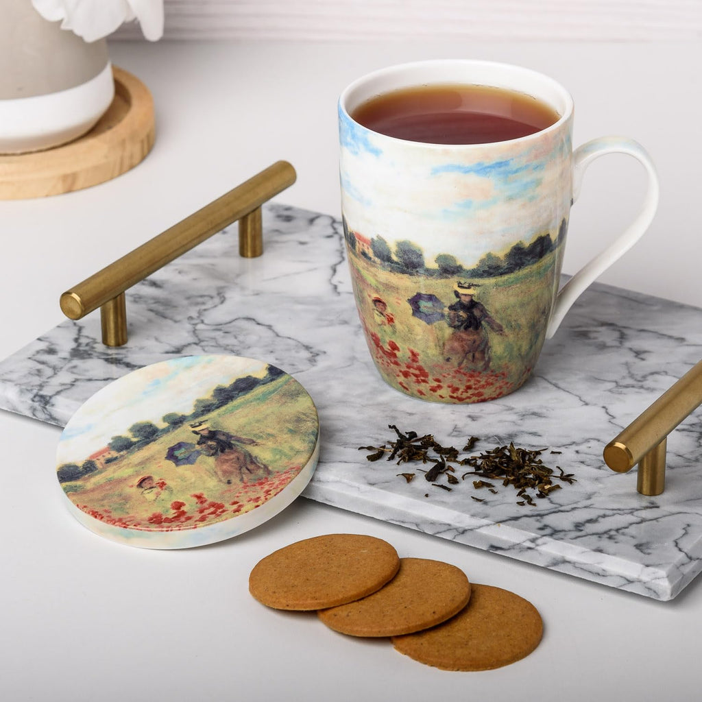 McIntosh Monet Poppies Fine Bone China (15 oz) Tea Mug with Infuser and Lid in Matching Gift Box