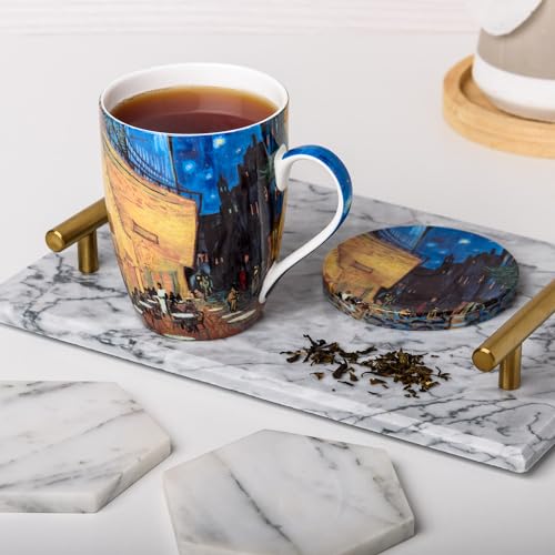 Vincent van Gogh Cafe Terrace at Night Fine Bone China (15 oz) Tea Mug with Infuser and Lid in Matching Gift Box