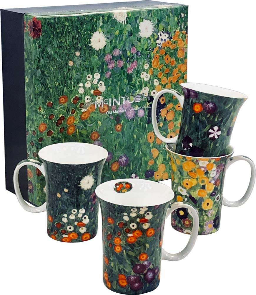 McIntosh Gustav Klimt Flower Garden Fine Bone China (11 oz) Set of 4 Mugs in Matching Gift Box